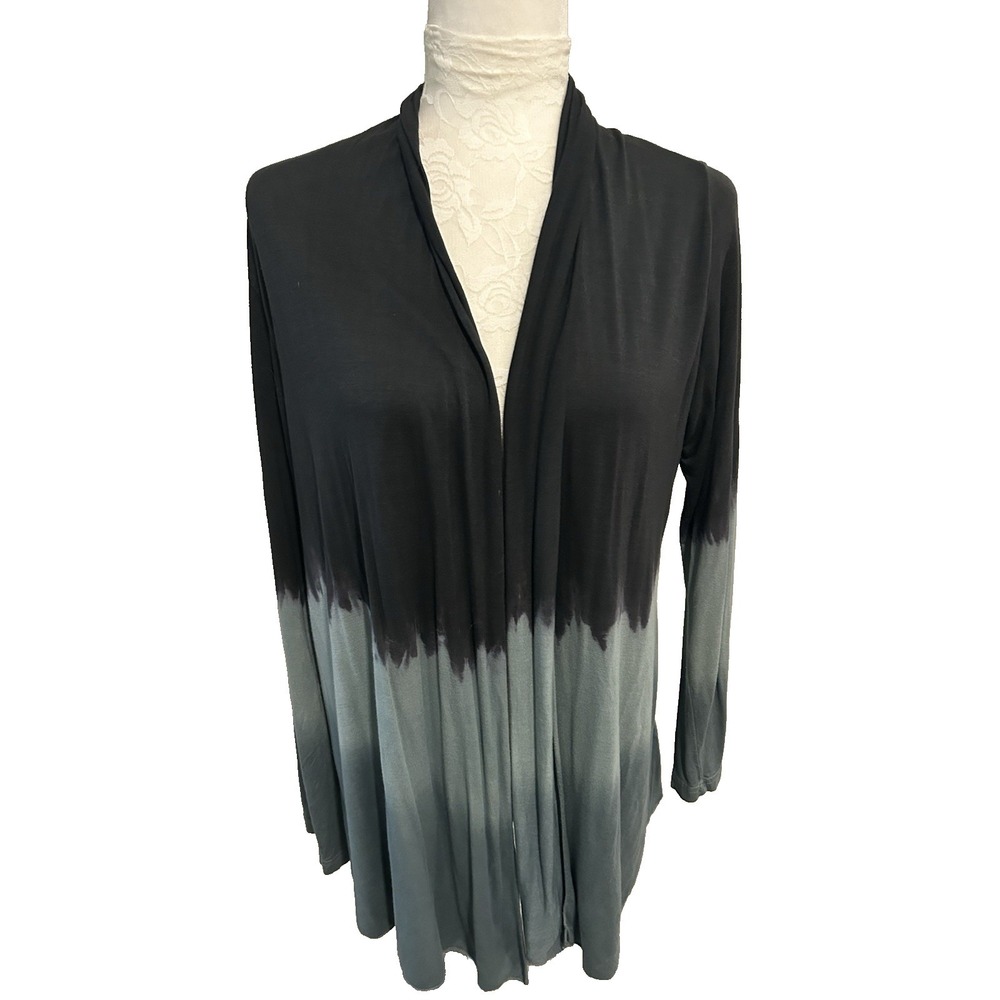 Stonewash Tie Dye Open Cardigan~M~ Black to Gray Ombre Knit Boho Festival Nepal